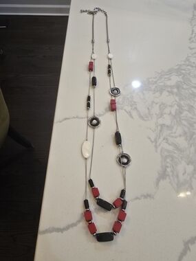 Chico's Red, Black & White Multi-Strand Bead Necklace with Silver Accents
